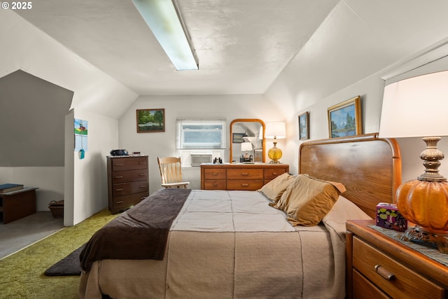 carpeted bedroom featuring vaulted ceiling