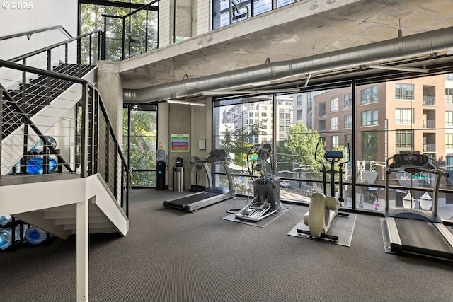 workout area with expansive windows and a high ceiling