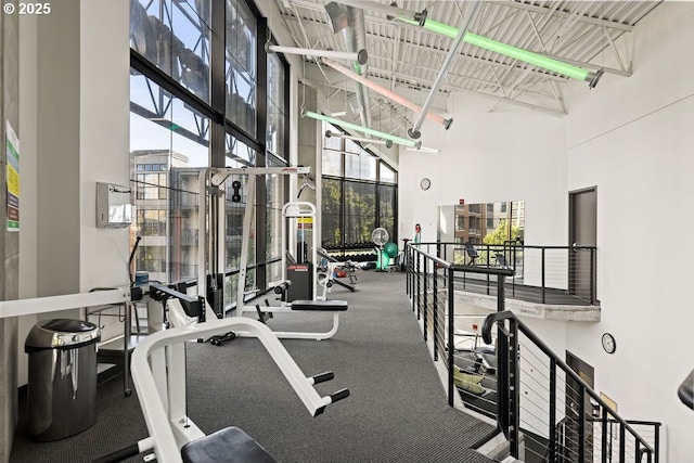 exercise room with a wall of windows and a towering ceiling