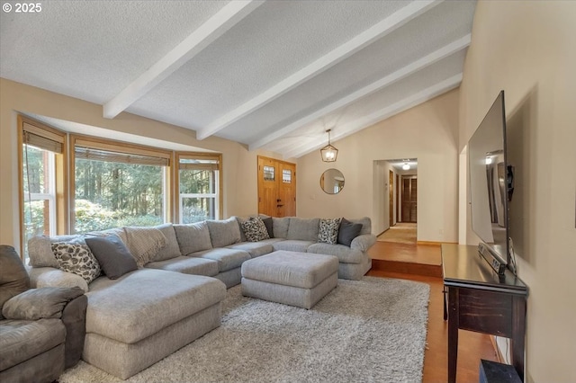 living area featuring lofted ceiling with beams and a textured ceiling