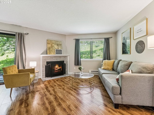9908 SE Talbert St, Clackamas, OR 97015 - living area with wood finished floors, a lit fireplace, and baseboard heating