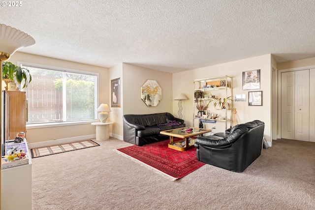 living area with carpet flooring and a textured ceiling