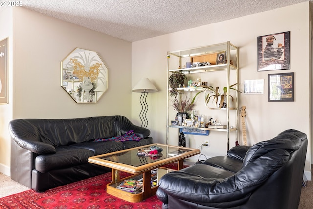 carpeted living room featuring a textured ceiling