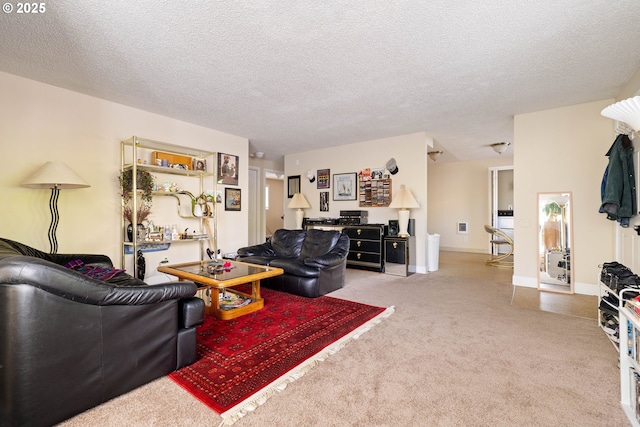 carpeted living area with a textured ceiling