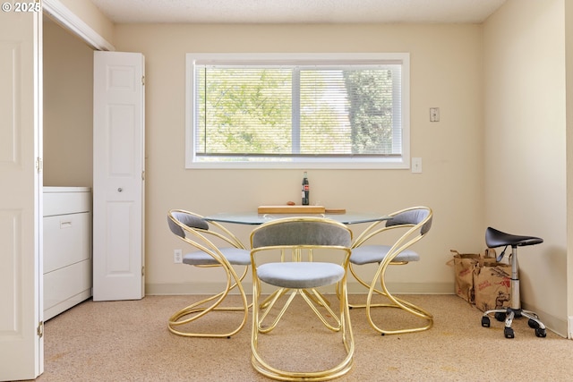 carpeted dining area with washer / clothes dryer and baseboards