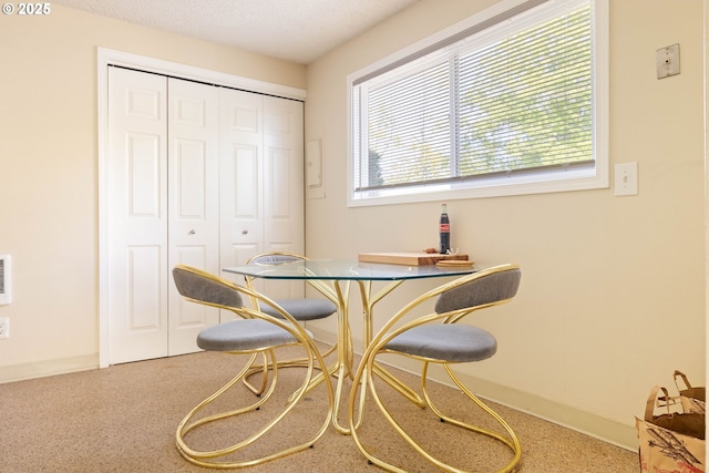 carpeted dining space featuring baseboards and a textured ceiling