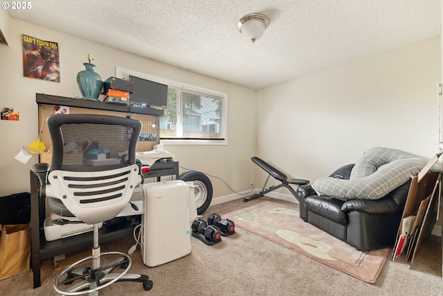 exercise room featuring carpet and a textured ceiling
