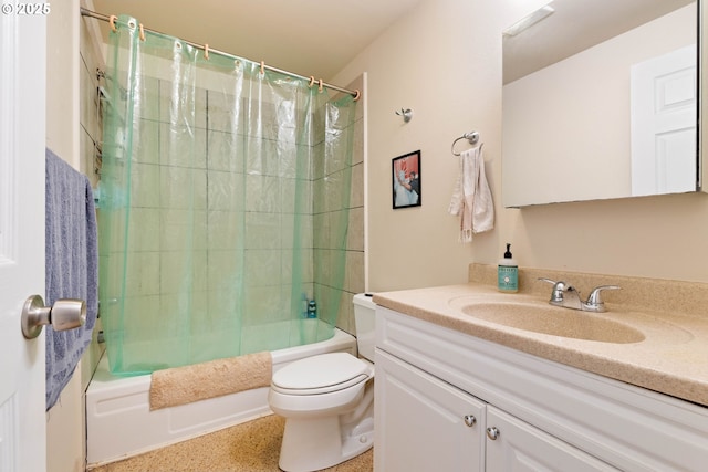 bathroom with toilet, shower / tub combo with curtain, vanity, and speckled floor