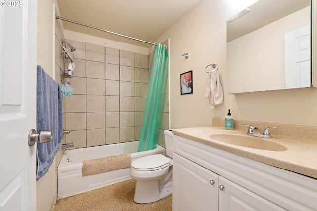 bathroom featuring toilet, shower / tub combo with curtain, vanity, and speckle patterned floor