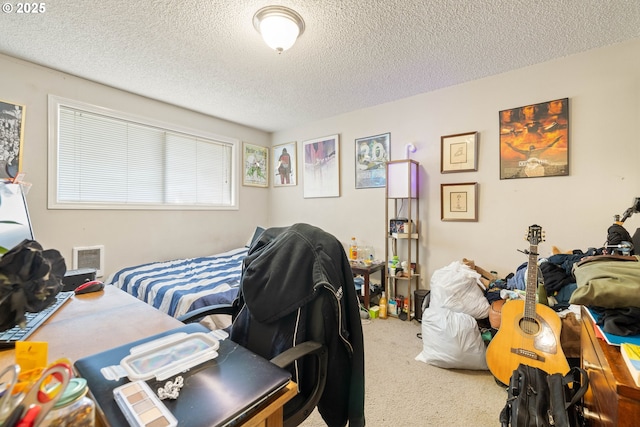carpeted bedroom with a textured ceiling