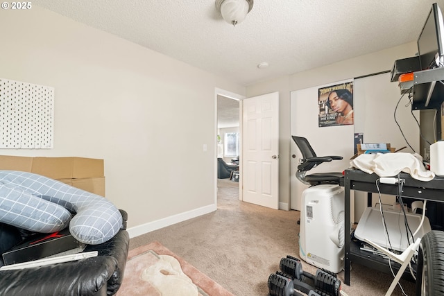 home office featuring baseboards, carpet floors, and a textured ceiling