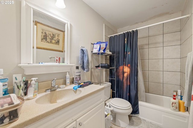 full bathroom with toilet, shower / tub combo, and vanity