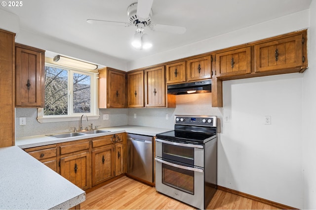 kitchen featuring sink, backsplash, stainless steel appliances, and light wood-type flooring