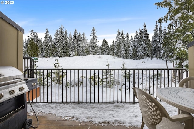 snow covered back of property with a grill