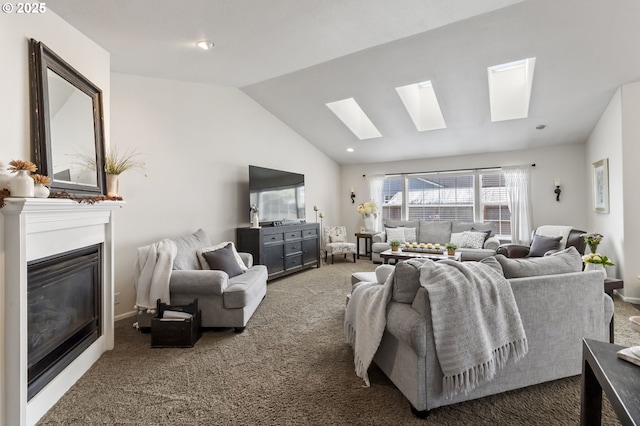 1537 W 13th Ave, Junction City, OR 97448 - living room with carpet, a skylight, a glass covered fireplace, and vaulted ceiling