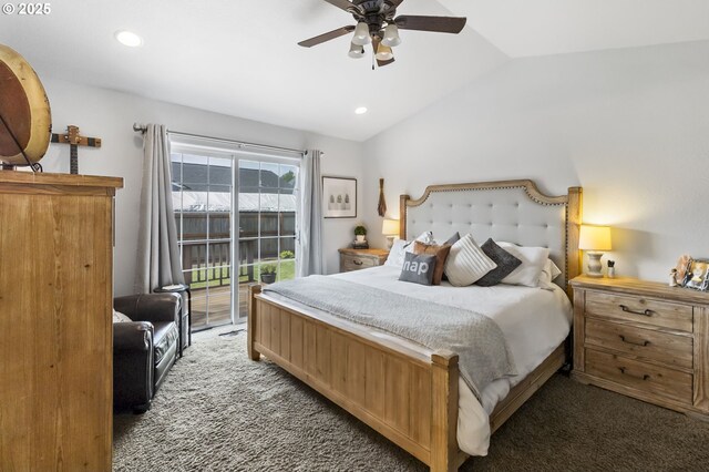 1537 W 13th Ave, Junction City, OR 97448 - bedroom with lofted ceiling, carpet floors, access to outside, recessed lighting, and a ceiling fan