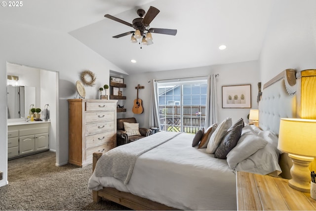 1537 W 13th Ave, Junction City, OR 97448 - bedroom with vaulted ceiling, connected bathroom, carpet, recessed lighting, and ceiling fan