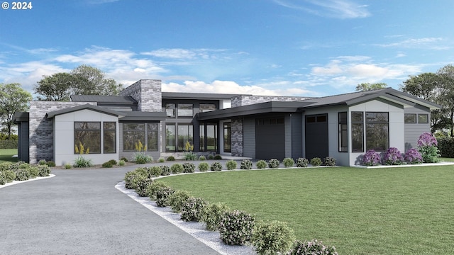 view of front of house featuring a garage, stone siding, and a front lawn