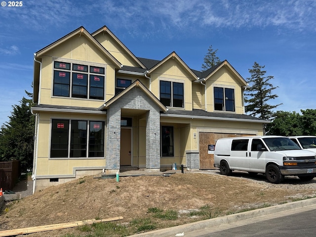 1719 NW Goodwin St, Camas, WA 98607 - view of front of house with a garage, crawl space, stucco siding, and fence