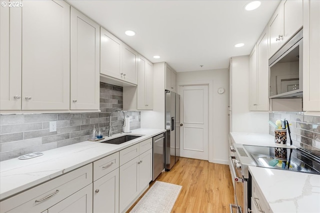 724 NW Westover Cir, Portland, OR 97210 - kitchen featuring stainless steel appliances, a sink, tasteful backsplash, light wood-style floors, and white cabinetry