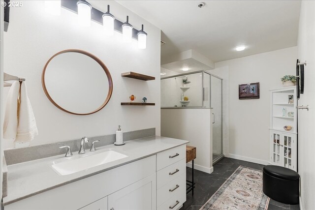 724 NW Westover Cir, Portland, OR 97210 - full bathroom featuring a stall shower, baseboards, and vanity
