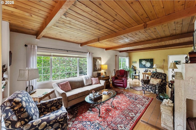 93648 W Mill Ln, Coos Bay, OR 97420 - living room with healthy amount of natural light, wood ceiling with exposed beams, and wood finished floors