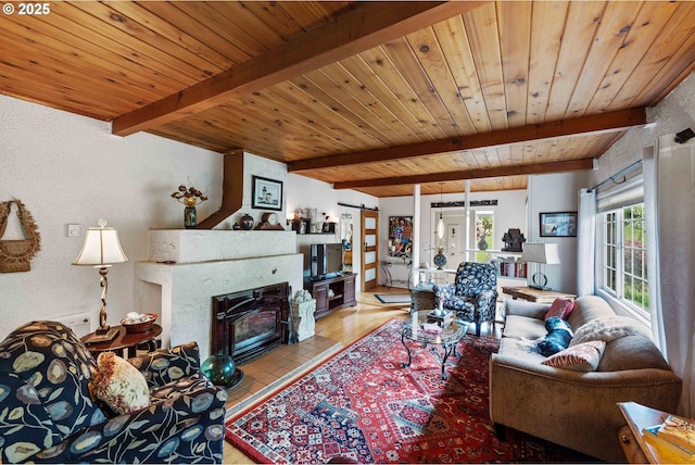 93648 W Mill Ln, Coos Bay, OR 97420 - living area with wooden ceiling with exposed beams, a fireplace, and a textured wall