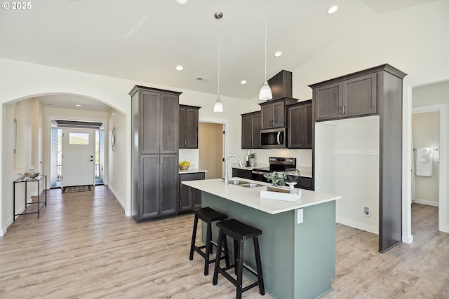 kitchen featuring light wood-style flooring, a sink, appliances with stainless steel finishes, dark brown cabinets, and arched walkways