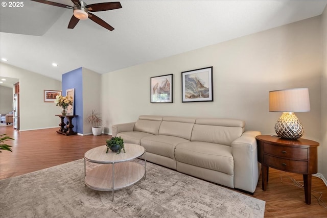 1613 SE Solomon Loop, Vancouver, WA 98683 - living room featuring ceiling fan, wood finished floors, vaulted ceiling, and recessed lighting