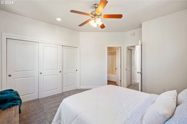 bedroom with a closet, ceiling fan, and carpet