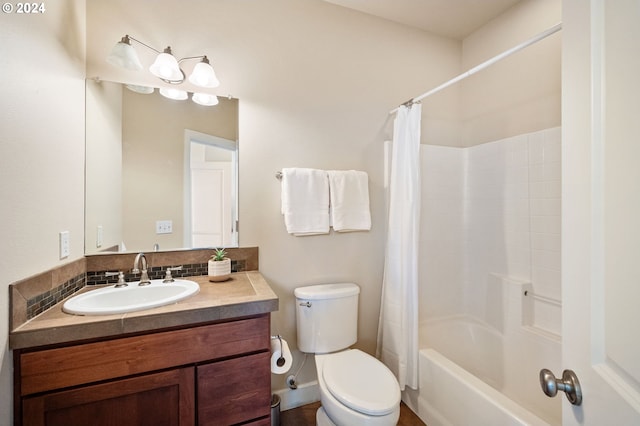 full bathroom with toilet, shower / bath combination with curtain, decorative backsplash, and vanity