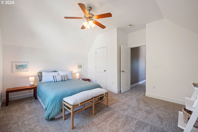 bedroom featuring ceiling fan, lofted ceiling, and carpet flooring