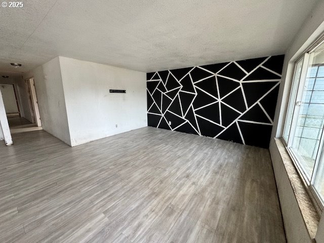 empty room featuring a textured ceiling and wood finished floors