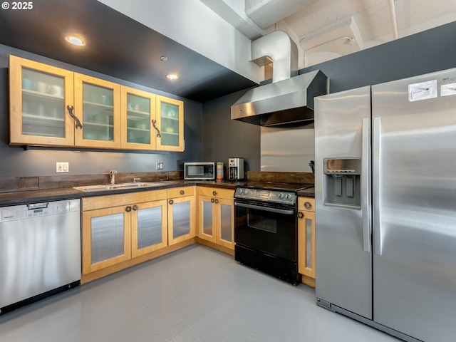 kitchen with sink, wall chimney range hood, and stainless steel appliances