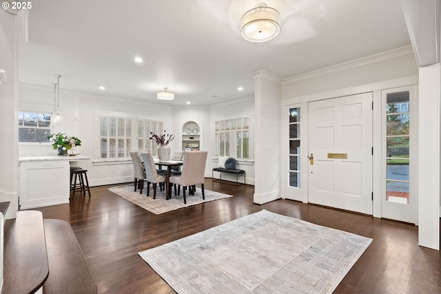 entrance foyer featuring ornamental molding, dark hardwood / wood-style floors, and a wealth of natural light