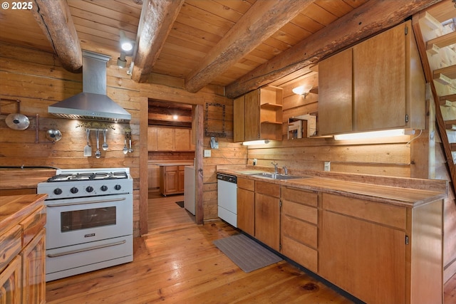 35912 Valley View Ln, Halfway, OR 97834 - kitchen with wall chimney exhaust hood, white appliances, a sink, wooden ceiling with exposed beams, and light wood-style floors