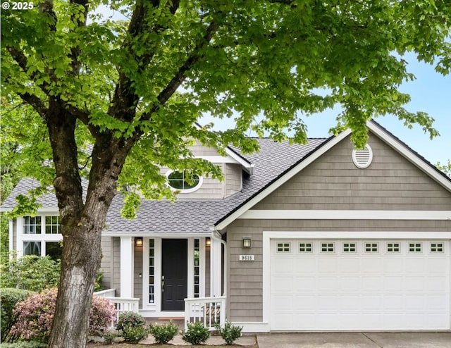 view of front of home with roof with shingles, covered porch, an attached garage, and driveway
