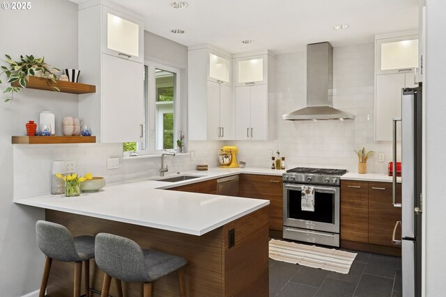 kitchen featuring wall chimney range hood, appliances with stainless steel finishes, a sink, a peninsula, and tasteful backsplash
