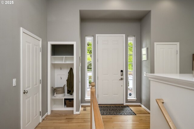 entrance foyer with baseboards and light wood-type flooring