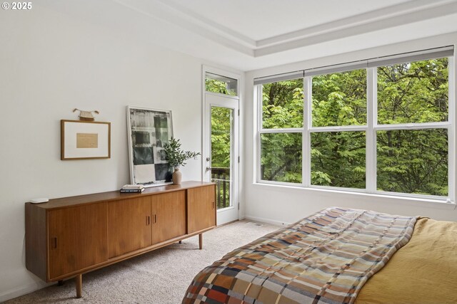 bedroom with baseboards, access to outside, and light carpet