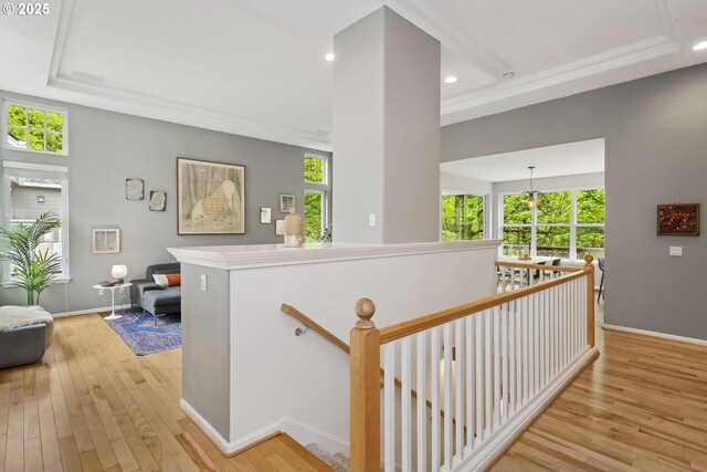 hallway featuring plenty of natural light, a tray ceiling, hardwood / wood-style floors, and an upstairs landing