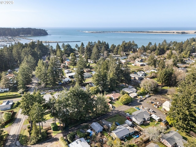 aerial view with a water view and a residential view