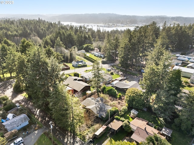 drone / aerial view with a wooded view