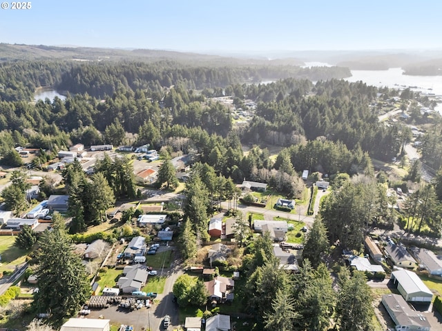 birds eye view of property featuring a wooded view and a residential view