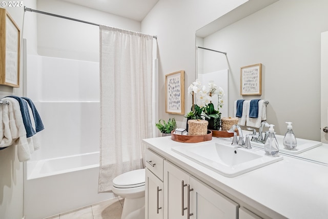 bathroom featuring toilet, shower / tub combo, tile patterned flooring, and vanity