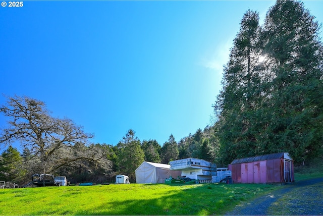 view of yard with an outbuilding, a wooded view, and a shed