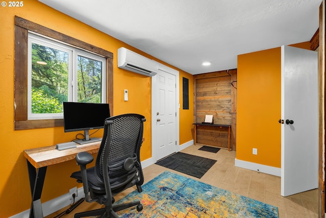225 N Dubois Rd, Ariel, WA 98603 - office area with a wall mounted air conditioner, baseboards, wooden walls, electric panel, and recessed lighting