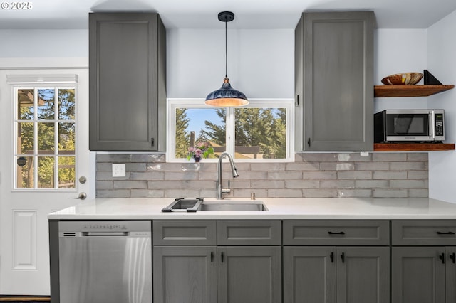 225 N Dubois Rd, Ariel, WA 98603 - kitchen with appliances with stainless steel finishes, gray cabinetry, open shelves, and a sink