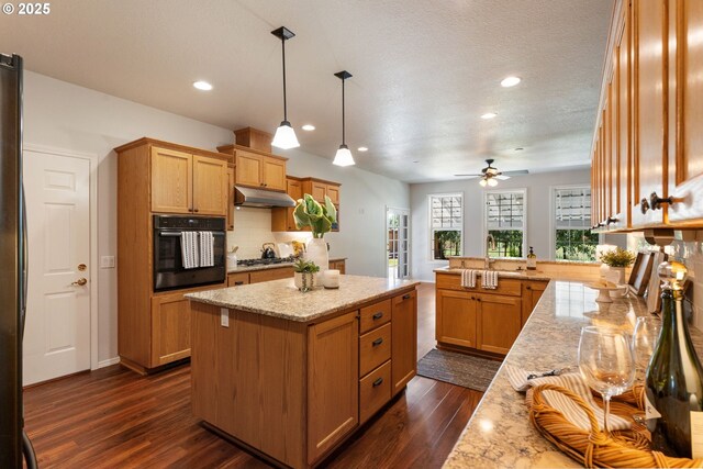 1225 NE 3rd Ave, Hillsboro, OR 97124 - kitchen with oven, under cabinet range hood, a peninsula, dark wood-style flooring, and backsplash