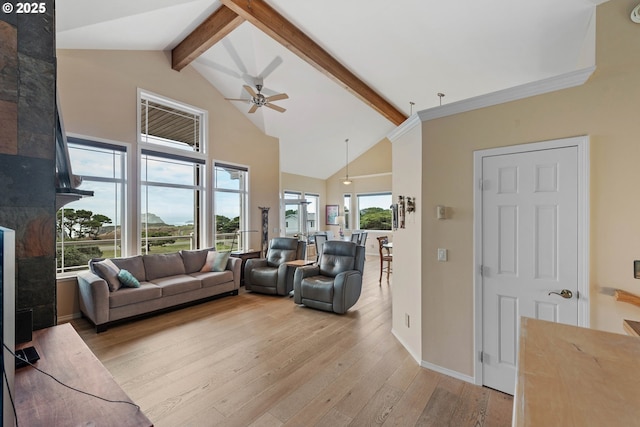 living room featuring ceiling fan, beamed ceiling, light hardwood / wood-style floors, and high vaulted ceiling